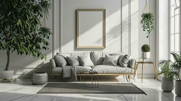 AI generated living room interior design with sofa minimal aesthetic 3d rendered photo