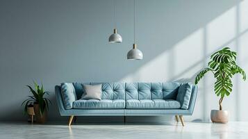 AI generated living room interior design with sofa minimal aesthetic blue velvet 3d rendered photo