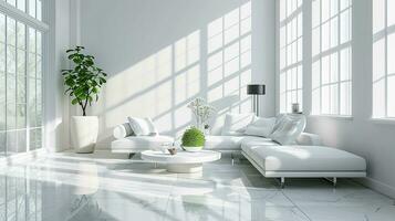 AI generated white living room interior design with sofa minimal aesthetic 3d rendered photo