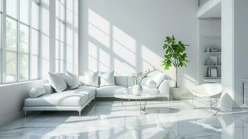 AI generated white living room interior design with sofa minimal aesthetic 3d rendered photo