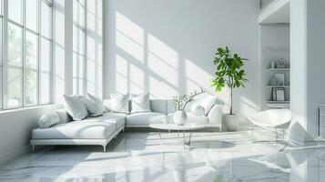AI generated white living room interior design with sofa minimal aesthetic 3d rendered photo