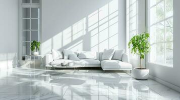 AI generated white living room interior design with sofa minimal aesthetic 3d rendered photo