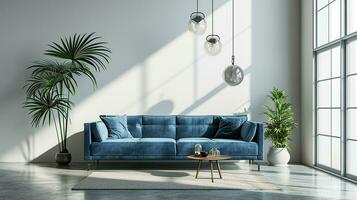 AI generated living room interior design with sofa minimal aesthetic blue velvet 3d rendered photo