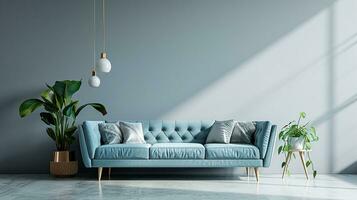 ai generado vivo habitación interior diseño con sofá mínimo estético azul terciopelo 3d prestados foto
