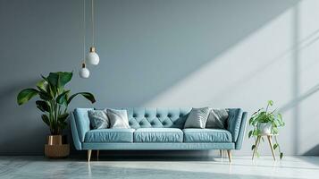 AI generated living room interior design with sofa minimal aesthetic blue velvet 3d rendered photo