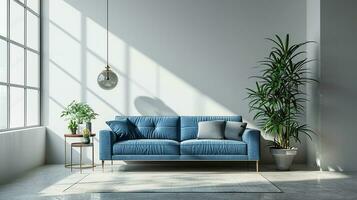 AI generated living room interior design with sofa minimal aesthetic blue velvet 3d rendered photo