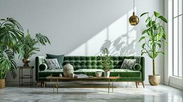 AI generated living room interior design with sofa minimal aesthetic green velvet 3d rendered photo