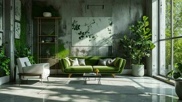 AI generated living room interior design with sofa minimal aesthetic green velvet 3d rendered photo