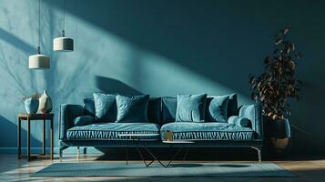 ai generado vivo habitación interior diseño con sofá mínimo estético azul terciopelo 3d prestados foto
