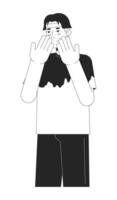 Face covering embarrassed korean young man black and white 2D line cartoon character. Gen z asian male isolated vector outline person. Expressing positive feeling monochromatic flat spot illustration