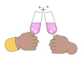 Champagne glasses clinking linear cartoon character hands illustration. Alcoholic wineglasses toasting outline 2D vector image, white background. Sparkle cheers editable flat color clipart