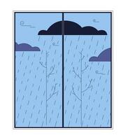 Rainy bad weather behind window 2D linear cartoon object. Falling rain drops gloomy clouds isolated line vector element white background. Rainfall autumn season overcast color flat spot illustration