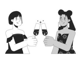 novias lesbianas tintinamente lentes negro y blanco 2d línea dibujos animados caracteres. Encantado homosexual hembra Pareja aislado vector contorno gente. celebrando monocromo plano Mancha ilustración