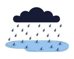 Rainy cloud falling raindrops 2D linear cartoon object. Storm bad weather downpour isolated line vector element white background. Gloomy fall season. Autumn rainfall color flat spot illustration