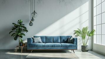 AI generated living room interior design with sofa minimal aesthetic blue velvet 3d rendered photo