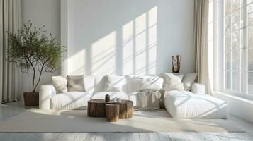 AI generated White living room interior design with sofa minimal aesthetic 3d rendered photo