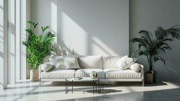 AI generated White living room interior design with sofa minimal aesthetic 3d rendered photo