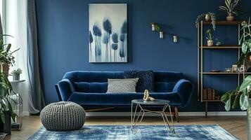 AI generated living room interior design with sofa minimal aesthetic blue velvet 3d rendered photo