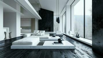 AI generated black and white living room interior design with sofa minimal aesthetic 3d rendered photo