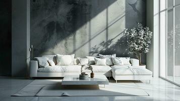 AI generated black and white living room interior design with sofa minimal aesthetic 3d rendered photo