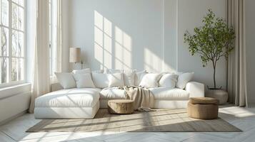 AI generated White living room interior design with sofa minimal aesthetic 3d rendered photo