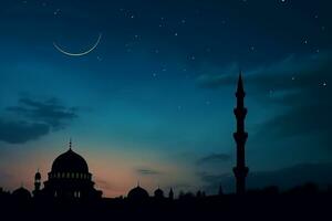 ai generado un mezquita en noche y Luna en antecedentes Ramadán kareem celebracion foto