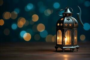 AI generated Ornamental Arabic lantern glowing on table for Muslim holy month Ramadan Kareem photo