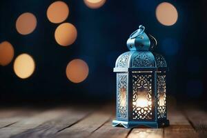 AI generated Eid decorative traditional lamps on blue bokeh background photo