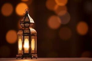 AI generated Eid decorative traditional lamps on bokeh background on wooden table photo