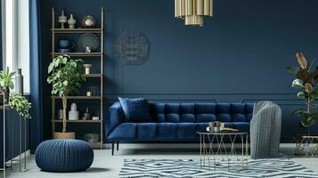 AI generated living room interior design with sofa minimal aesthetic blue velvet 3d rendered photo