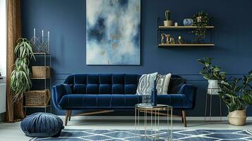 AI generated living room interior design with sofa minimal aesthetic blue velvet 3d rendered photo