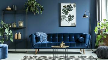 AI generated Blue living room interior design with sofa minimal aesthetic 3d rendered photo