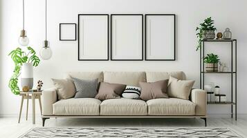 AI generated living room interior design with sofa minimal aesthetic 3d rendered photo