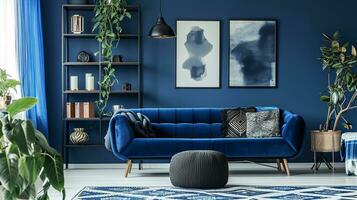 AI generated Blue living room interior design with sofa minimal aesthetic 3d rendered photo