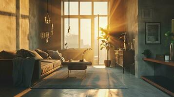 AI generated living room interior design with sofa minimal aesthetic 3d rendered photo