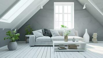 AI generated living room interior design with sofa minimal aesthetic 3d rendered photo