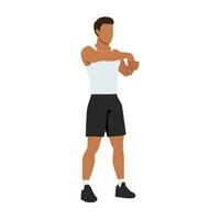 Man doing standing palm down wrist stretch exercise. vector