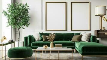 AI generated living room interior design with sofa minimal aesthetic green 3d rendered photo