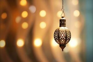 AI generated Hanging Ornamental Arabic lantern glowing for Muslim holy month Ramadan Kareem photo