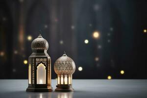 AI generated Arabic lantern in mosque shape glowing for Muslim holy month Ramadan Kareem photo