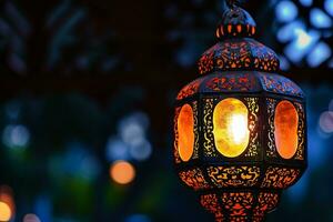 AI generated An illuminated Arabic colorful hanging Ramadan lantern photo