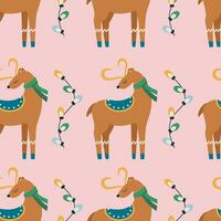 Christmas pattern with deer in a scarf, garland with light bulbs. vector