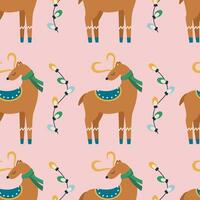 Christmas pattern with deer in a scarf, garland with light bulbs. vector