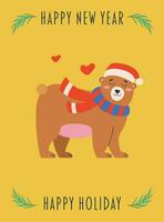 Postcard with text happy new year, Christmas tree branch, holiday, bear with a red hat and scarf. vector