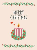 Postcard with text merry christmas, candle with a wreath of fir branches and mistletoe. vector