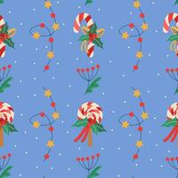 Christmas pattern with lollipop, stick, ribbon and mistletoe leaves, garland with light bulbs. vector