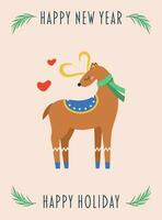 Postcard with text happy new year, Christmas tree branch, deer in a scarf. vector