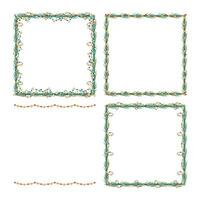 Set of Christmas frame with tree branch and garland, leaves. vector