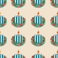 Christmas pattern with candle and mistletoe leaves. vector