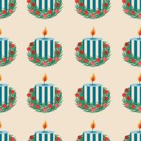 Christmas pattern with candle and mistletoe leaves. vector